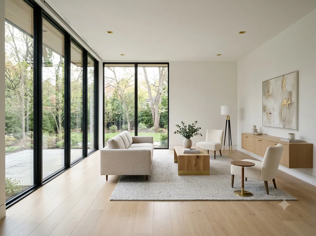 Finished living room interior with natural light