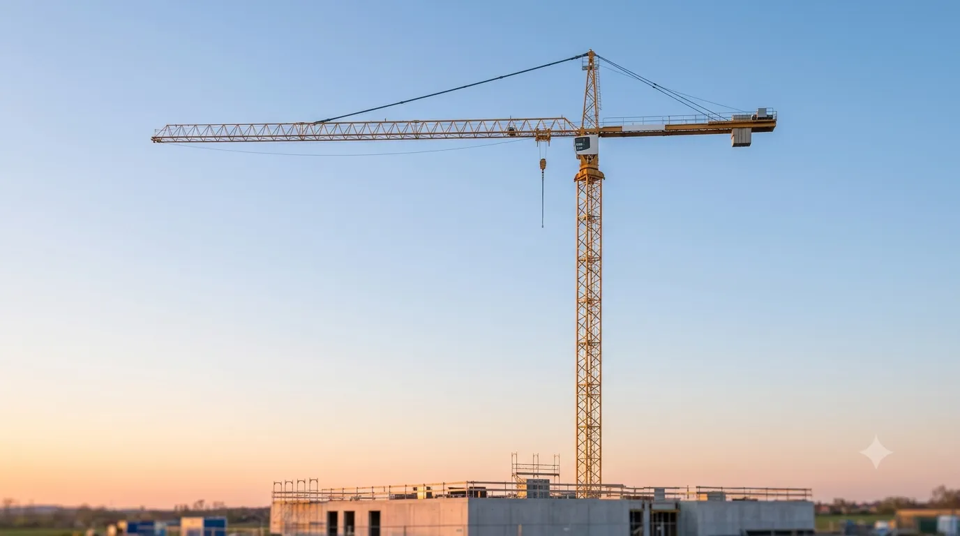 Tower crane against a clear sky at golden hour