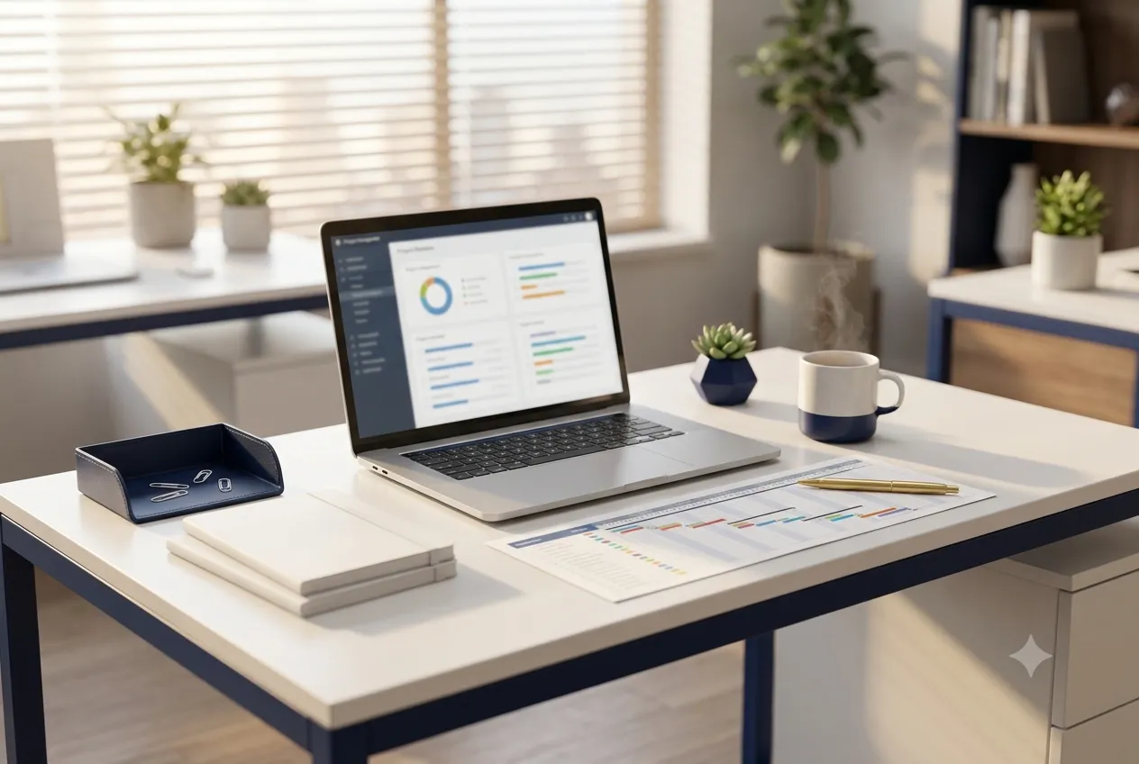 Project plans and documents spread across a desk